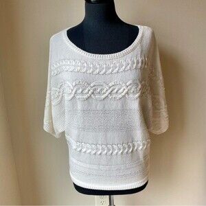 NY&C Sweater Beaded Cable Knit Batwing Dolman Cream Ivory 3/4 Sleeve Top NWT